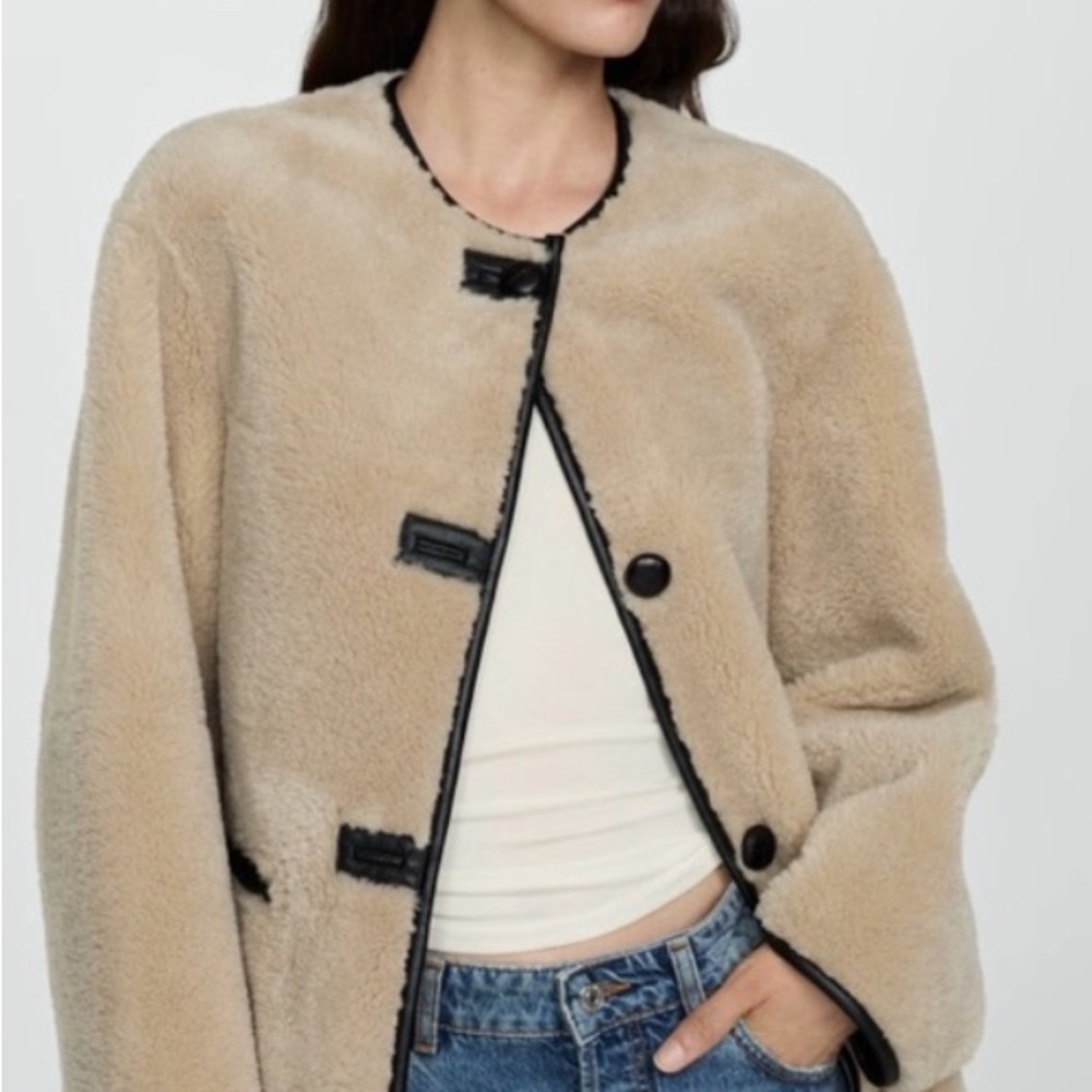 Viral mango teddy coat Beige Faux Fur Jacket with Black Accents
